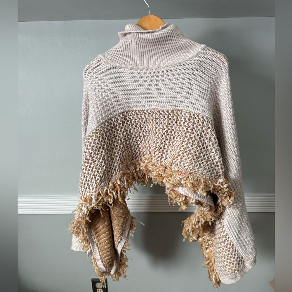 Anthropologie Cream and Tan Fringe Poncho